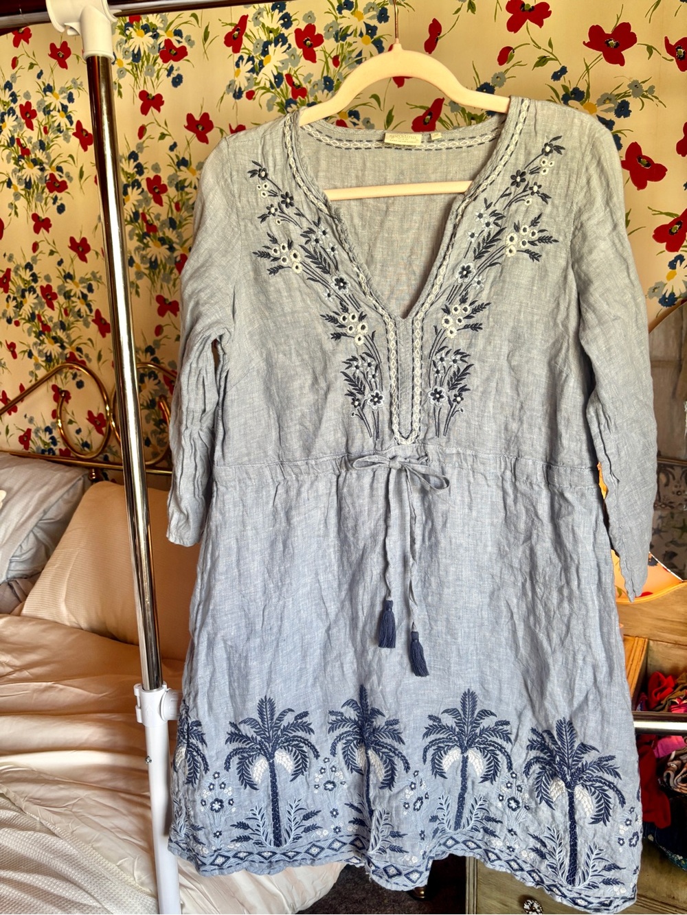 spartina 449 medium blue linen embroidered palm tree tunic dress coastal boho - Picture 2 of 9